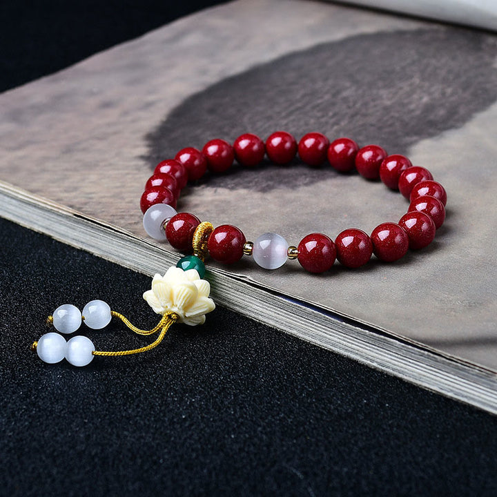 Buddha Stones Natürliches Armband mit Zinnober, Katzenaugen-Elfenbein, Lotus-Fruchtanhänger und Segenssymbol - image 2