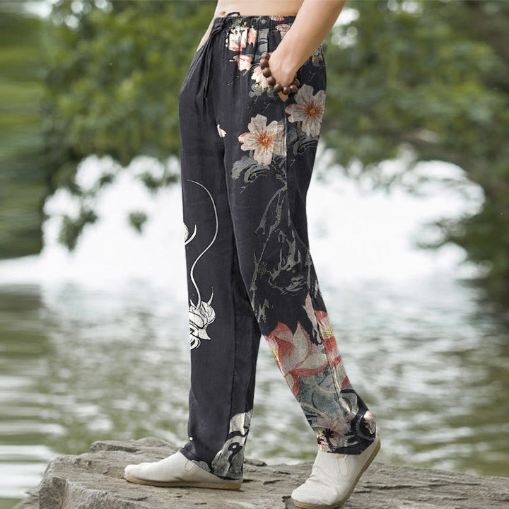 Buddha Stones Herrenhose aus Baumwolle mit orientalischem Drachen- und Lotusmuster, schmal zulaufend und mit Taschen - image 1