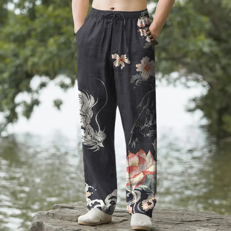Buddha Stones Herrenhose aus Baumwolle mit orientalischem Drachen- und Lotusmuster, schmal zulaufend und mit Taschen - Schwarz - US/ UK/AU50, EU60 (5XL) - image 0