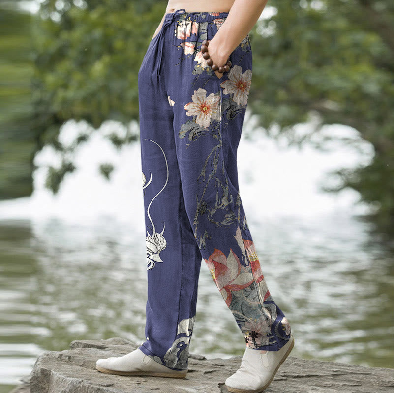 Buddha Stones Herrenhose aus Baumwolle mit orientalischem Drachen- und Lotusmuster, schmal zulaufend und mit Taschen - image 5