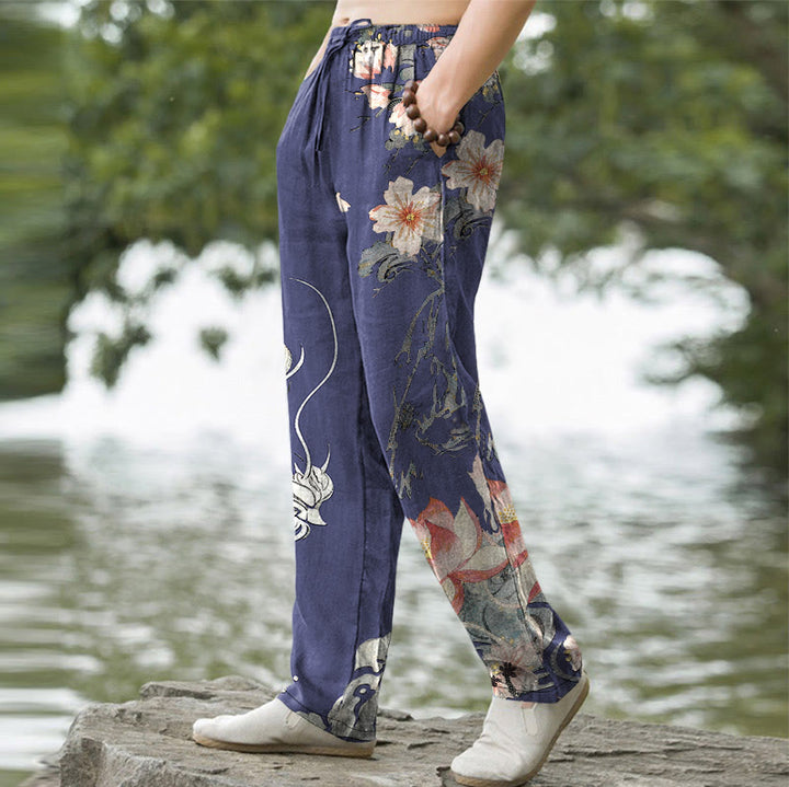 Buddha Stones Herrenhose aus Baumwolle mit orientalischem Drachen- und Lotusmuster, schmal zulaufend und mit Taschen - image 5