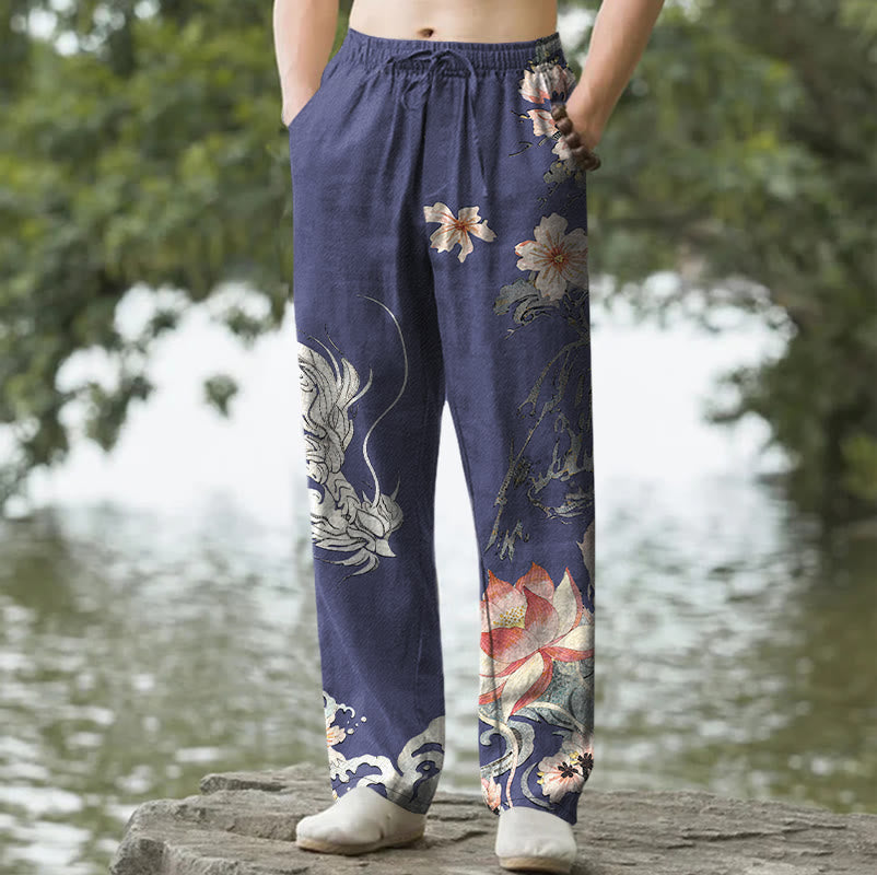 Buddha Stones Herrenhose aus Baumwolle mit orientalischem Drachen- und Lotusmuster, schmal zulaufend und mit Taschen - Marine - US/ UK/AU50, EU60 (5XL) - image 4