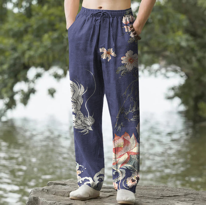 Buddha Stones Herrenhose aus Baumwolle mit orientalischem Drachen- und Lotusmuster, schmal zulaufend und mit Taschen - Marine - US/ UK/AU50, EU60 (5XL) - image 4