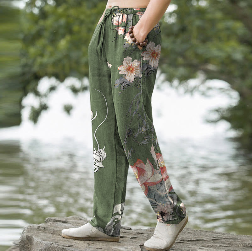 Buddha Stones Herrenhose aus Baumwolle mit orientalischem Drachen- und Lotusmuster, schmal zulaufend und mit Taschen - image 7