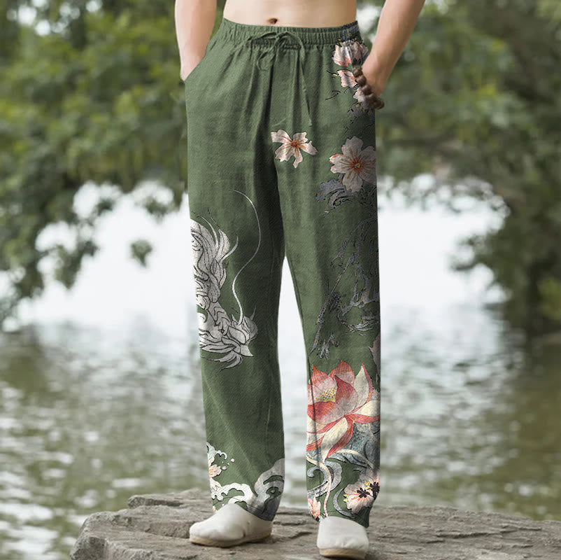 Buddha Stones Herrenhose aus Baumwolle mit orientalischem Drachen- und Lotusmuster, schmal zulaufend und mit Taschen - Dunkelolivgrün - US/ UK/AU50, EU60 (5XL) - image 6
