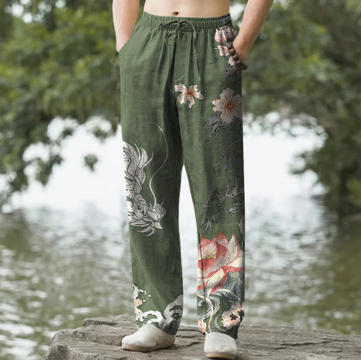 Buddha Stones Herrenhose aus Baumwolle mit orientalischem Drachen- und Lotusmuster, schmal zulaufend und mit Taschen - Dunkelolivgrün - US/ UK/AU50, EU60 (5XL) - image 6