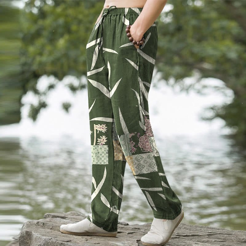 Buddha Stones Herrenhose aus Baumwolle mit Bambusblatt-Patchworkmuster, schmal zulaufend und mit Taschen - image 1