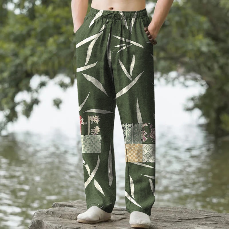 Buddha Stones Herrenhose aus Baumwolle mit Bambusblatt-Patchworkmuster, schmal zulaufend und mit Taschen - Dunkelgrün - US/ UK/AU50, EU60 (5XL) - image 0
