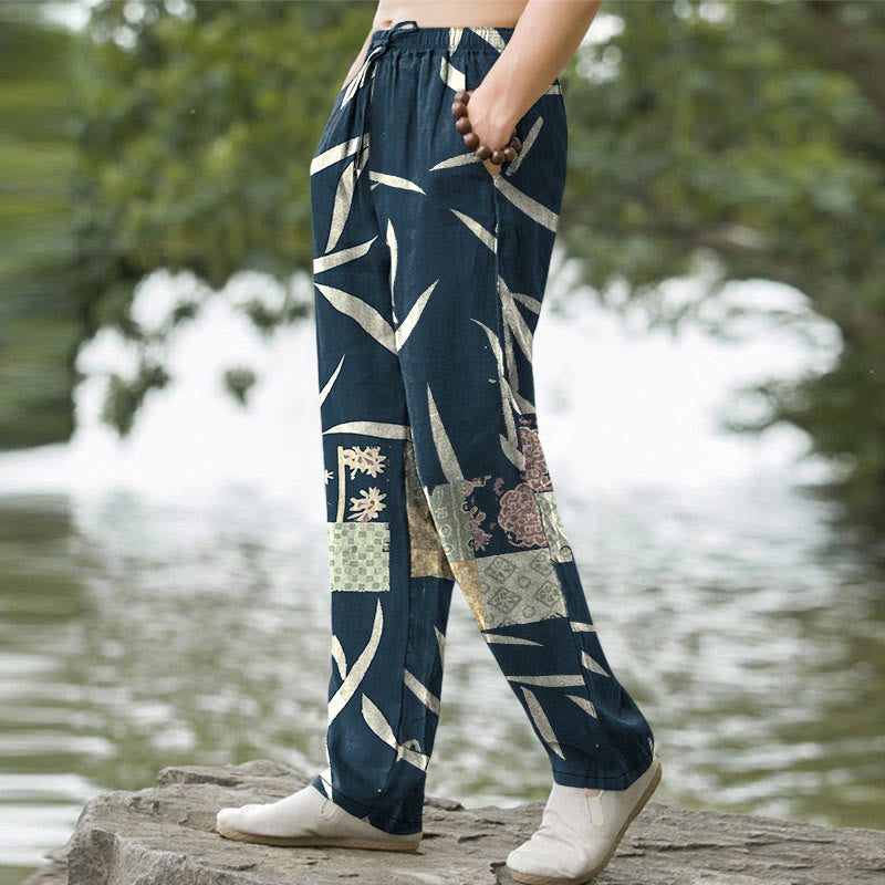 Buddha Stones Herrenhose aus Baumwolle mit Bambusblatt-Patchworkmuster, schmal zulaufend und mit Taschen - image 5