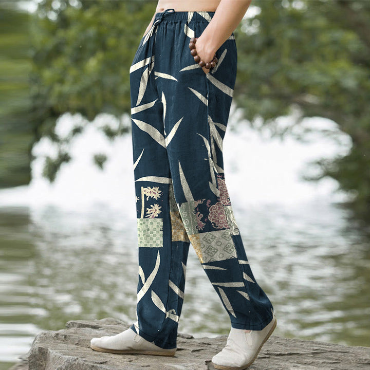 Buddha Stones Herrenhose aus Baumwolle mit Bambusblatt-Patchworkmuster, schmal zulaufend und mit Taschen - image 5