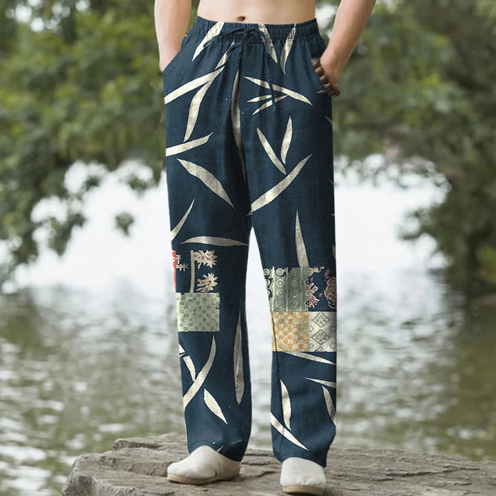 Buddha Stones Herrenhose aus Baumwolle mit Bambusblatt-Patchworkmuster, schmal zulaufend und mit Taschen - Marine - US/ UK/AU50, EU60 (5XL) - image 4