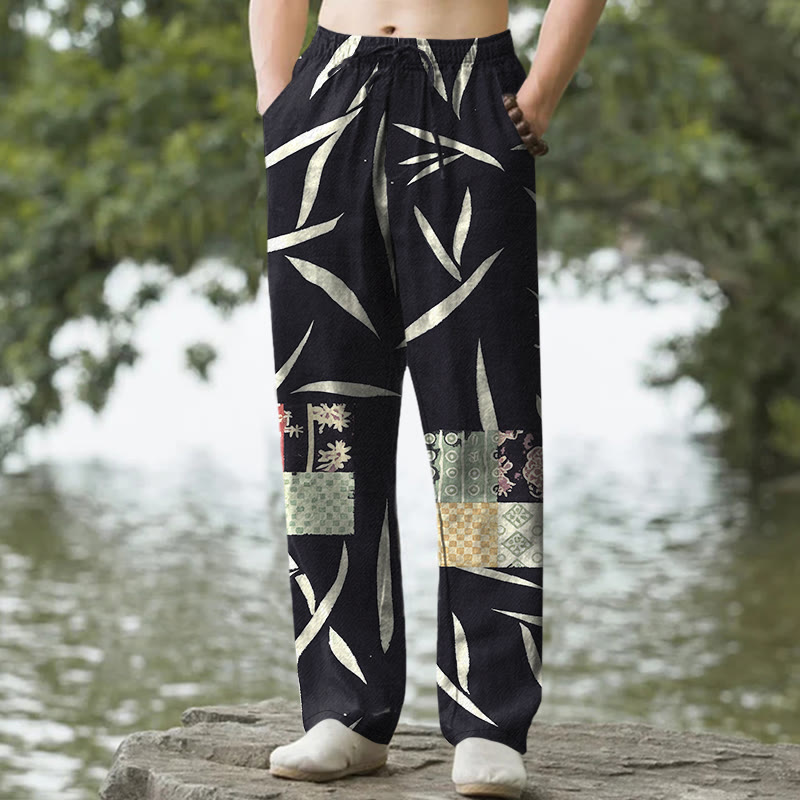 Buddha Stones Herrenhose aus Baumwolle mit Bambusblatt-Patchworkmuster, schmal zulaufend und mit Taschen - Schwarz - US/ UK/AU50, EU60 (5XL) - image 6