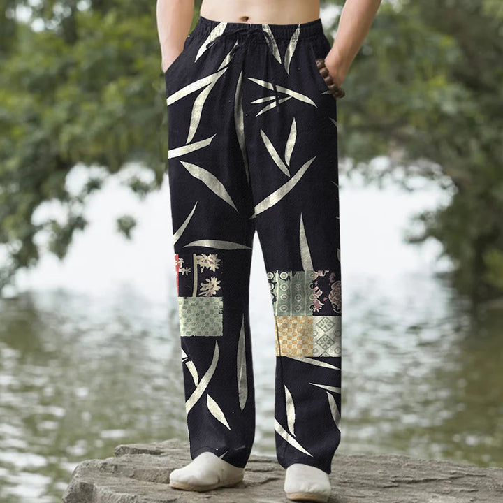 Buddha Stones Herrenhose aus Baumwolle mit Bambusblatt-Patchworkmuster, schmal zulaufend und mit Taschen - Schwarz - US/ UK/AU50, EU60 (5XL) - image 6