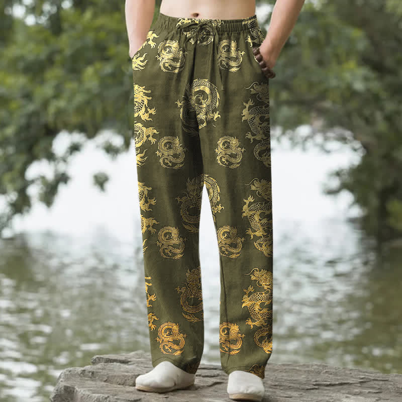 Buddha Stones Herren-Baumwollhose mit goldenem Drachenmuster, schmal zulaufendem Schnitt und Taschen - Gelbgrün - US/ UK/AU50, EU60 (5XL) - image 6