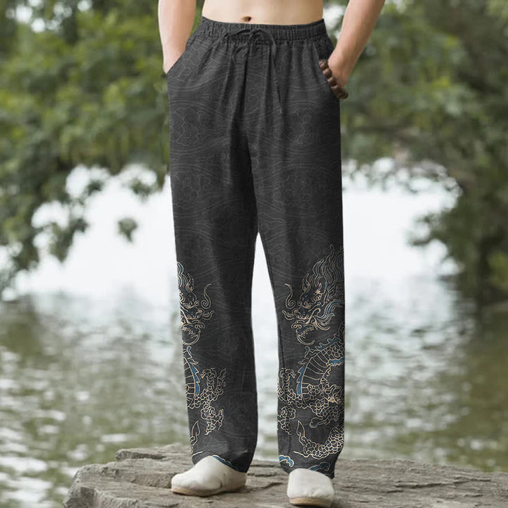Buddha Stones Herren-Baumwollhose mit goldenem Drachen- und Wolkenmuster, schmal zulaufend und mit Taschen - Schwarz - US/ UK/AU50, EU60 (5XL) - image 0