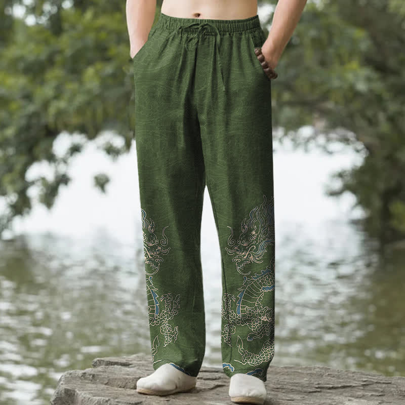 Buddha Stones Herren-Baumwollhose mit goldenem Drachen- und Wolkenmuster, schmal zulaufend und mit Taschen - Dunkelolivgrün - US/ UK/AU50, EU60 (5XL) - image 4