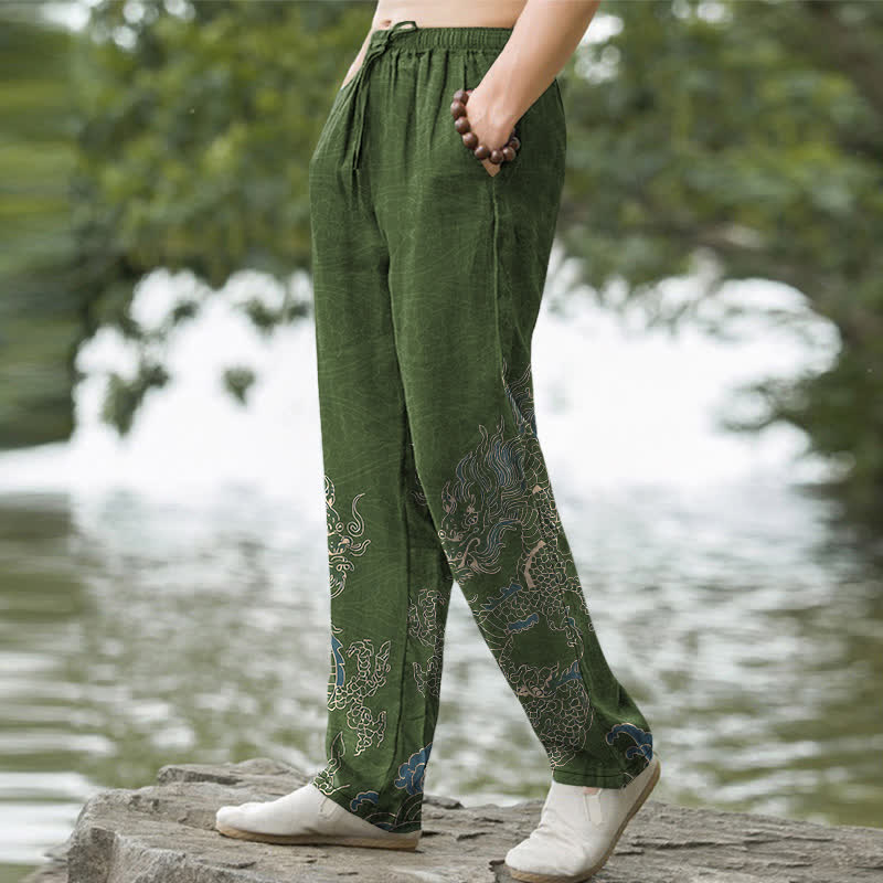 Buddha Stones Herren-Baumwollhose mit goldenem Drachen- und Wolkenmuster, schmal zulaufend und mit Taschen - image 5