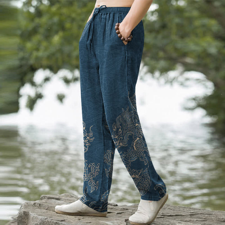 Buddha Stones Herren-Baumwollhose mit goldenem Drachen- und Wolkenmuster, schmal zulaufend und mit Taschen - image 7