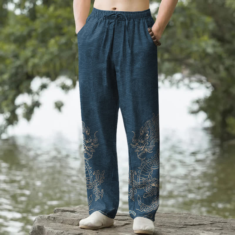 Buddha Stones Herren-Baumwollhose mit goldenem Drachen- und Wolkenmuster, schmal zulaufend und mit Taschen - SteelBlue - US/ UK/AU50, EU60 (5XL) - image 6
