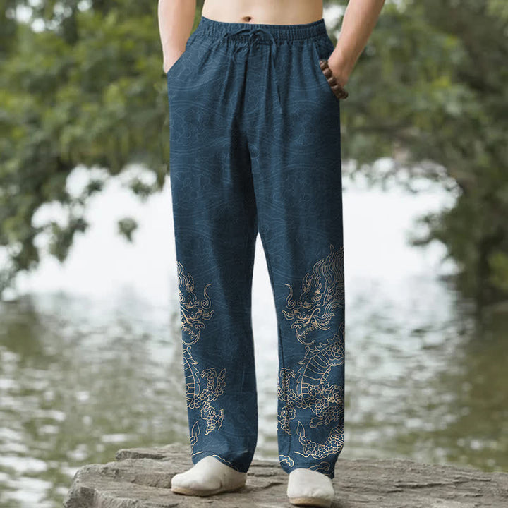 Buddha Stones Herren-Baumwollhose mit goldenem Drachen- und Wolkenmuster, schmal zulaufend und mit Taschen - SteelBlue - US/ UK/AU50, EU60 (5XL) - image 6