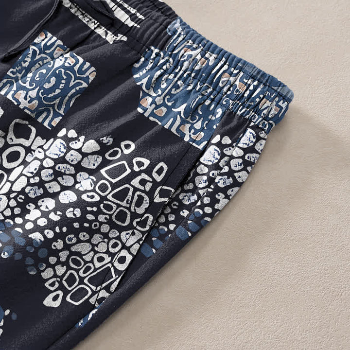 Buddha Stones Herrenhose aus Baumwolle mit geometrischem Patchworkmuster, schmal zulaufendem Schnitt und Taschen - image 2