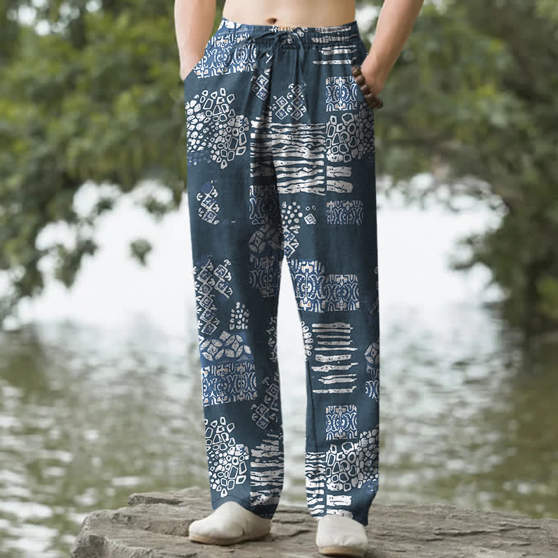 Buddha Stones Herrenhose aus Baumwolle mit geometrischem Patchworkmuster, schmal zulaufendem Schnitt und Taschen - SteelBlue - US/ UK/AU50, EU60 (5XL) - image 4
