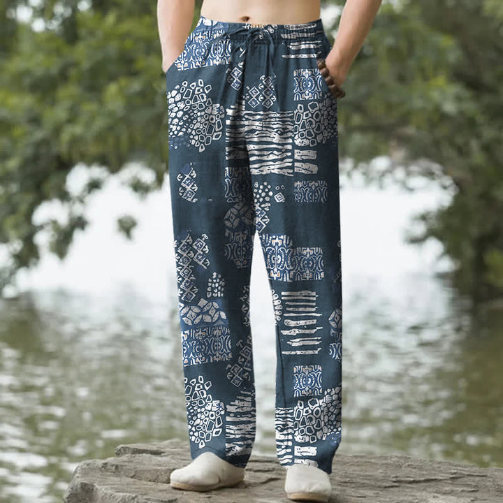 Buddha Stones Herrenhose aus Baumwolle mit geometrischem Patchworkmuster, schmal zulaufendem Schnitt und Taschen - SteelBlue - US/ UK/AU50, EU60 (5XL) - image 4