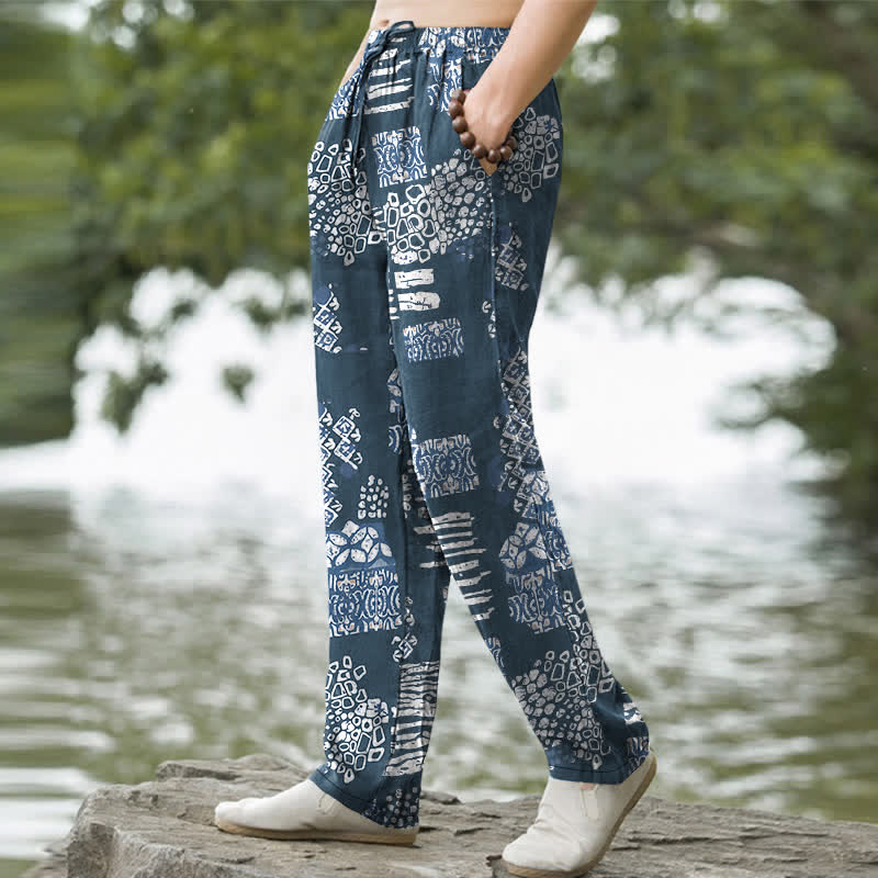Buddha Stones Herrenhose aus Baumwolle mit geometrischem Patchworkmuster, schmal zulaufendem Schnitt und Taschen - image 5