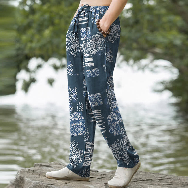 Buddha Stones Herrenhose aus Baumwolle mit geometrischem Patchworkmuster, schmal zulaufendem Schnitt und Taschen - image 5