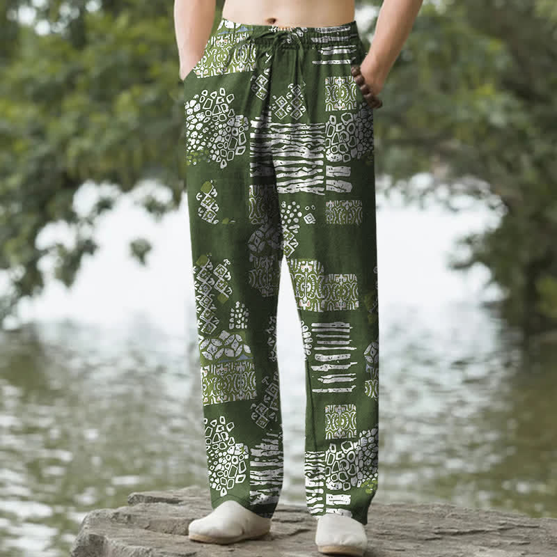 Buddha Stones Herrenhose aus Baumwolle mit geometrischem Patchworkmuster, schmal zulaufendem Schnitt und Taschen - Olivgrün - US/ UK/AU50, EU60 (5XL) - image 6