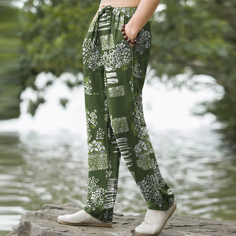 Buddha Stones Herrenhose aus Baumwolle mit geometrischem Patchworkmuster, schmal zulaufendem Schnitt und Taschen - image 7
