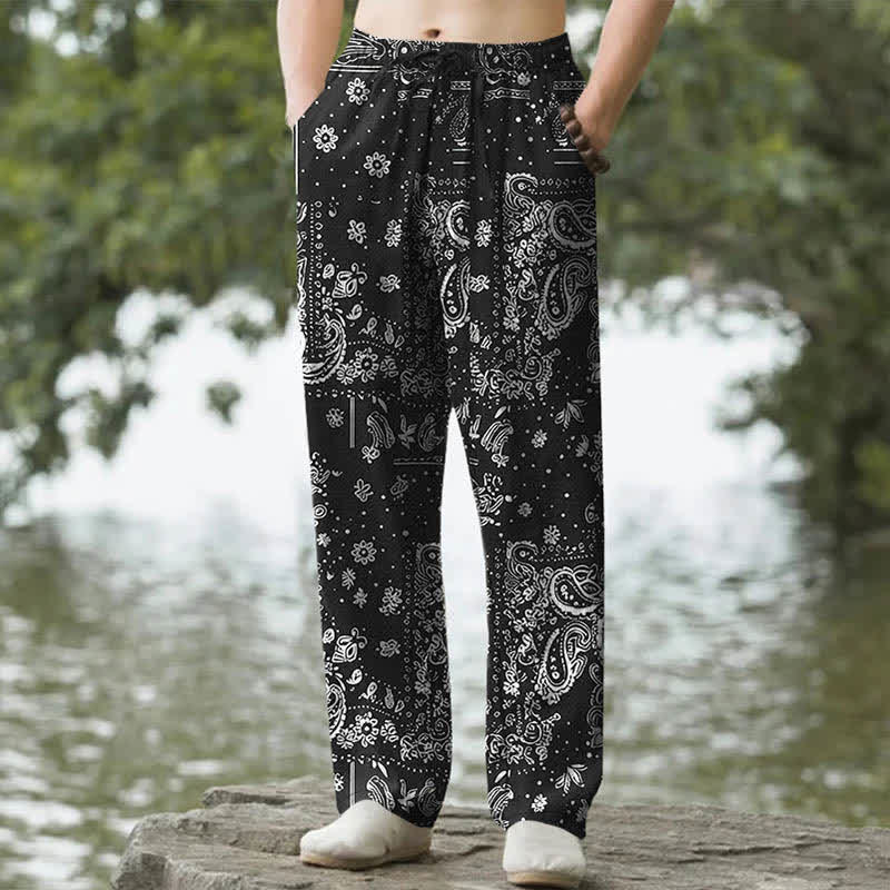Buddha Stones Herrenhose mit schmal zulaufendem Schnitt und Taschen, Baumwoll-Cashew-Muster, Paisley-Blumen, Paisley-Verzierung - Schwarz - US/ UK/AU50, EU60 (5XL) - image 0