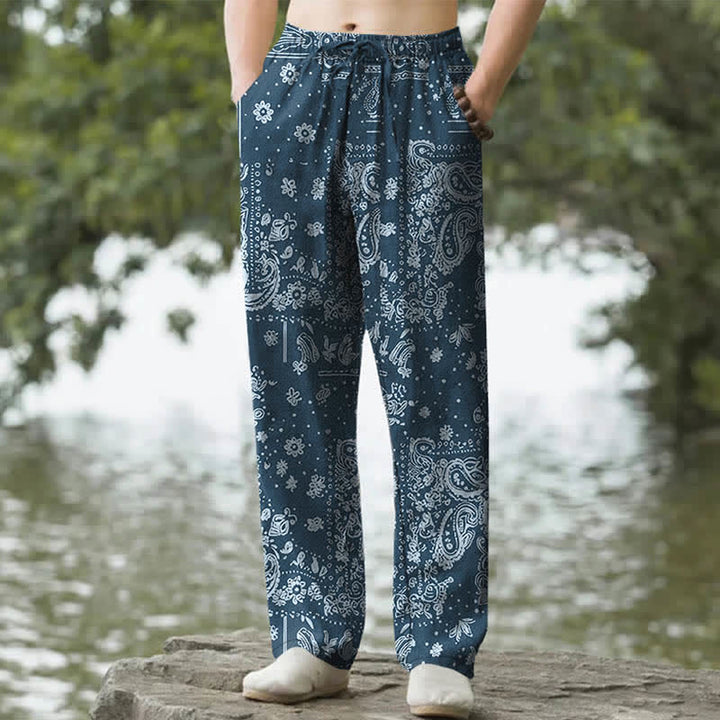 Buddha Stones Herrenhose mit schmal zulaufendem Schnitt und Taschen, Baumwoll-Cashew-Muster, Paisley-Blumen, Paisley-Verzierung - Marine - US/ UK/AU50, EU60 (5XL) - image 4
