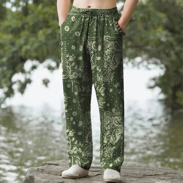 Buddha Stones Herrenhose mit schmal zulaufendem Schnitt und Taschen, Baumwoll-Cashew-Muster, Paisley-Blumen, Paisley-Verzierung - Olive - US/ UK/AU50, EU60 (5XL) - image 6
