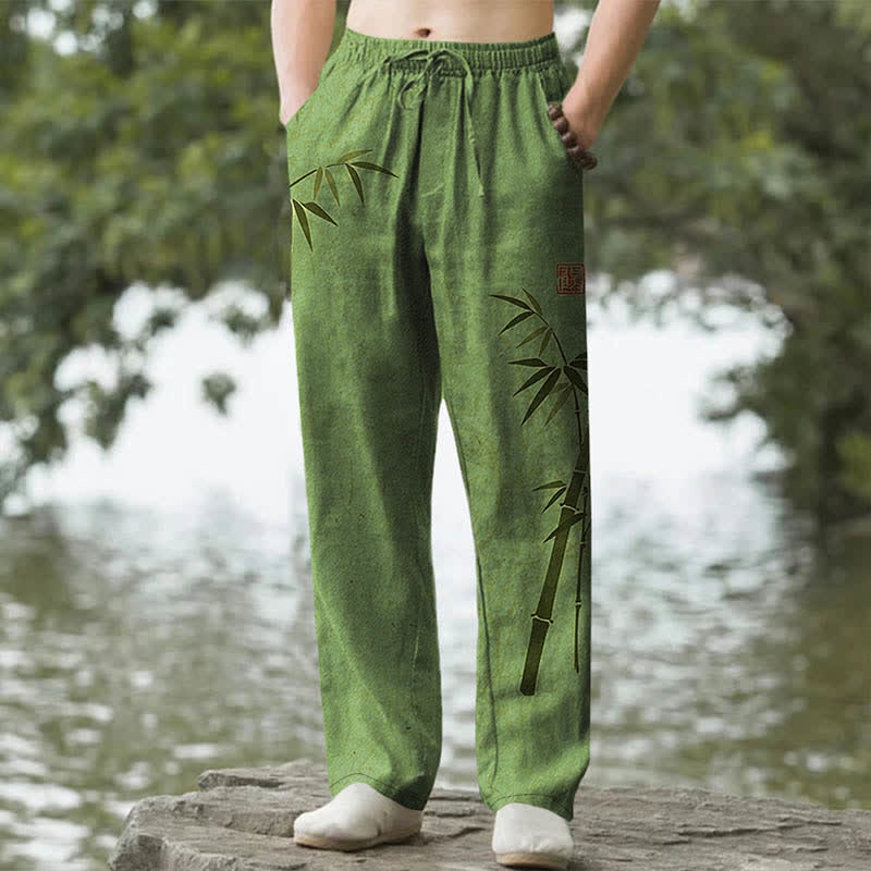 Buddha Stones Herren-Hose aus Baumwolle mit Bambusblattmuster, schmal zulaufendem Bein und Taschen - Olivgrün - US/UK/AU50, EU60 (5XL) - image 0