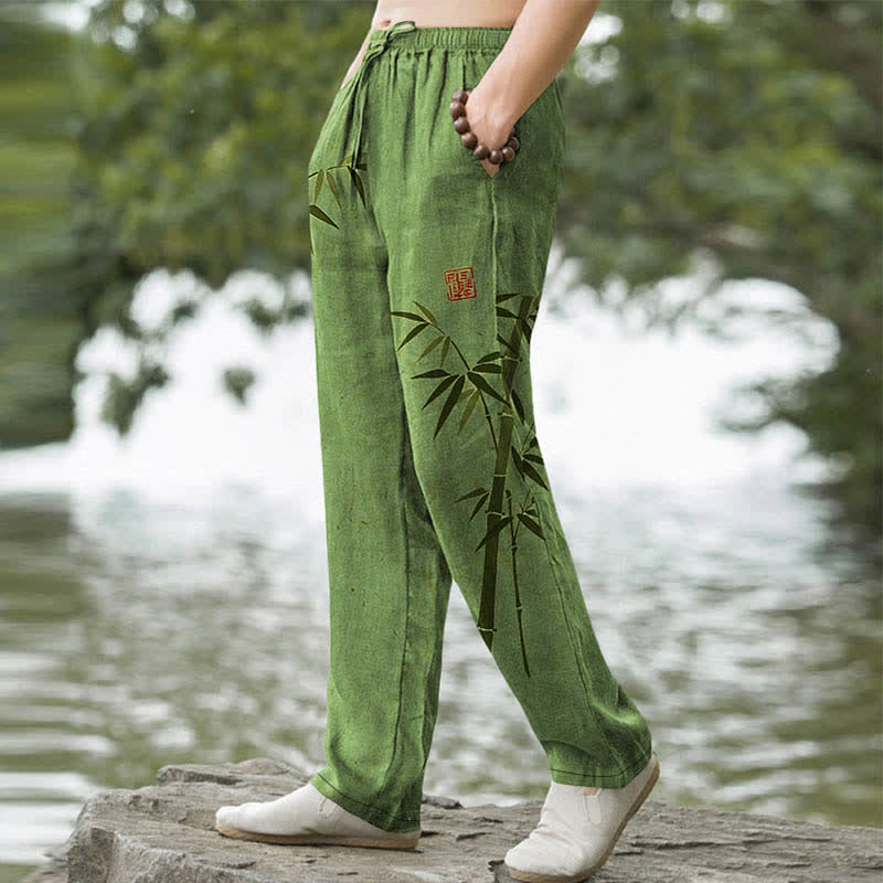 Buddha Stones Herren-Hose aus Baumwolle mit Bambusblattmuster, schmal zulaufendem Bein und Taschen - image 1