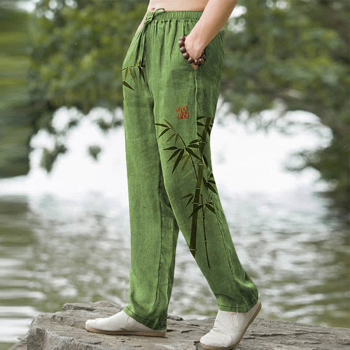 Buddha Stones Herren-Hose aus Baumwolle mit Bambusblattmuster, schmal zulaufendem Bein und Taschen - image 1
