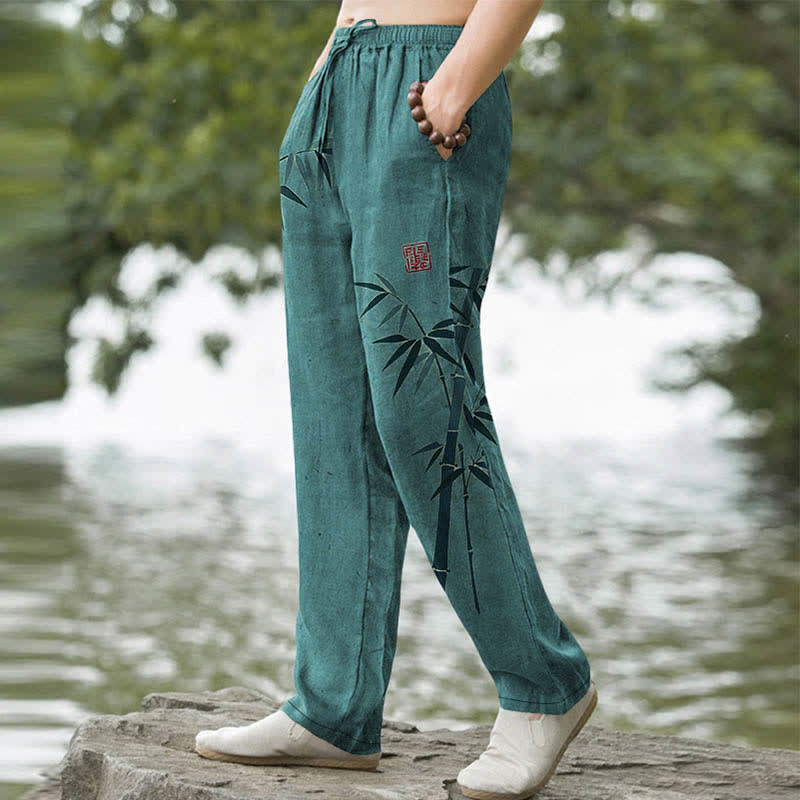 Buddha Stones Herren-Hose aus Baumwolle mit Bambusblattmuster, schmal zulaufendem Bein und Taschen - image 5