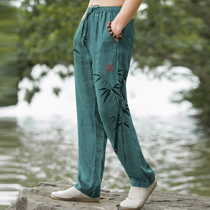 Buddha Stones Herren-Hose aus Baumwolle mit Bambusblattmuster, schmal zulaufendem Bein und Taschen - image 5
