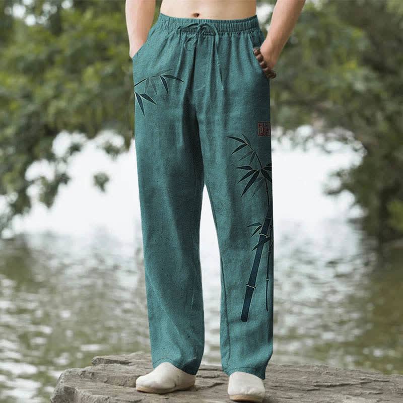 Buddha Stones Herren-Hose aus Baumwolle mit Bambusblattmuster, schmal zulaufendem Bein und Taschen - Türkis - US/UK/AU50, EU60 (5XL) - image 4