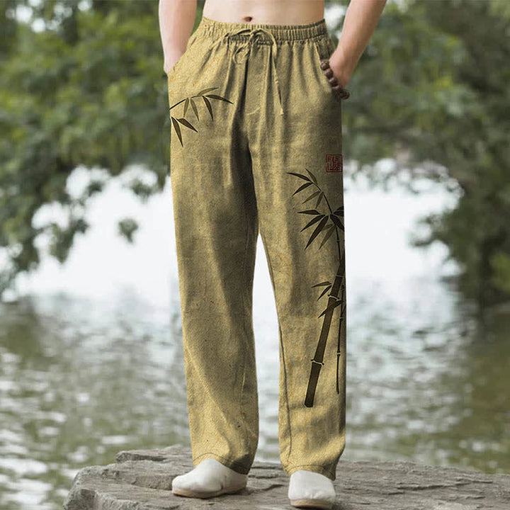 Buddha Stones Herren-Hose aus Baumwolle mit Bambusblattmuster, schmal zulaufendem Bein und Taschen - Dunkelkhaki - US/UK/AU50, EU60 (5XL) - image 6