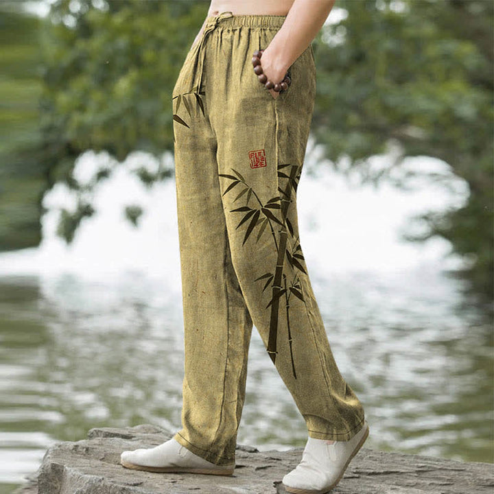 Buddha Stones Herren-Hose aus Baumwolle mit Bambusblattmuster, schmal zulaufendem Bein und Taschen - image 7