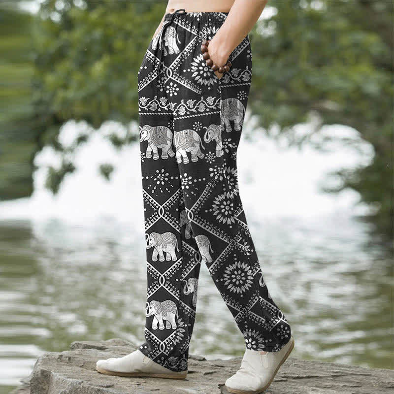 Buddha Stones Herrenhose aus Baumwolle mit Elefanten-Mandala-Muster, schmal zulaufend und mit Taschen - image 1