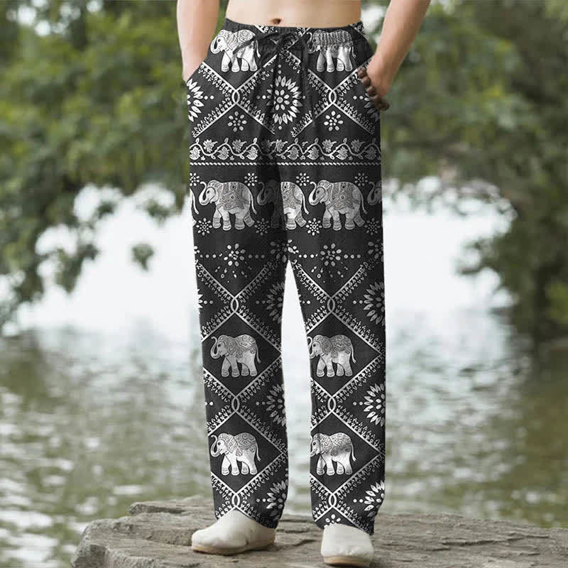 Buddha Stones Herrenhose aus Baumwolle mit Elefanten-Mandala-Muster, schmal zulaufend und mit Taschen - Schwarz - US/ UK/AU50, EU60 (5XL) - image 0