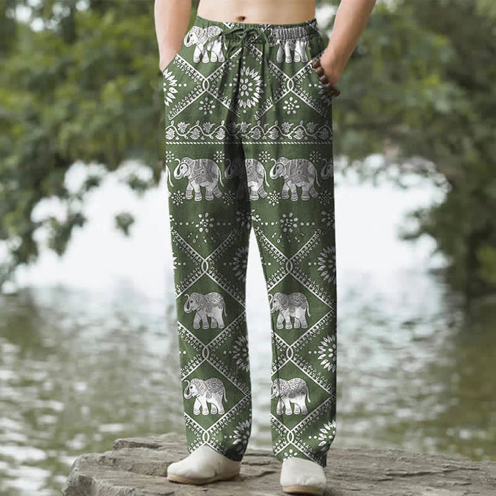 Buddha Stones Herrenhose aus Baumwolle mit Elefanten-Mandala-Muster, schmal zulaufend und mit Taschen - Olivgrün - US/ UK/AU50, EU60 (5XL) - image 4