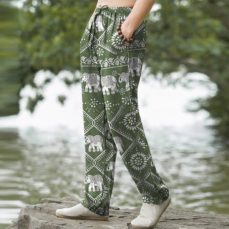 Buddha Stones Herrenhose aus Baumwolle mit Elefanten-Mandala-Muster, schmal zulaufend und mit Taschen - image 5