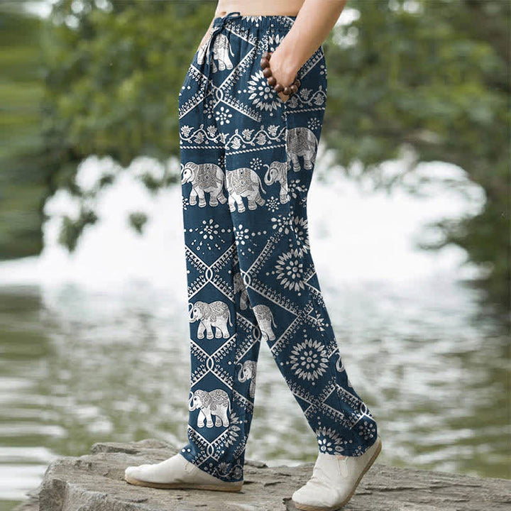 Buddha Stones Herrenhose aus Baumwolle mit Elefanten-Mandala-Muster, schmal zulaufend und mit Taschen - image 7