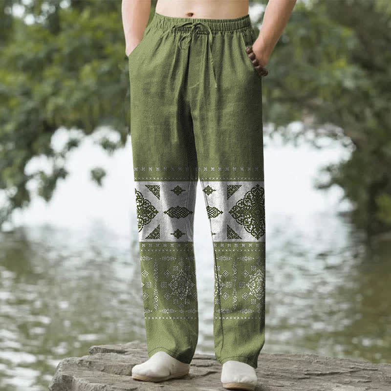 Buddha Stones Herrenhose mit schmal zulaufendem Bein und Taschen, Baumwoll-Bandana-Mosaikmuster - Olivgrün - US/ UK/AU50, EU60 (5XL) - image 4
