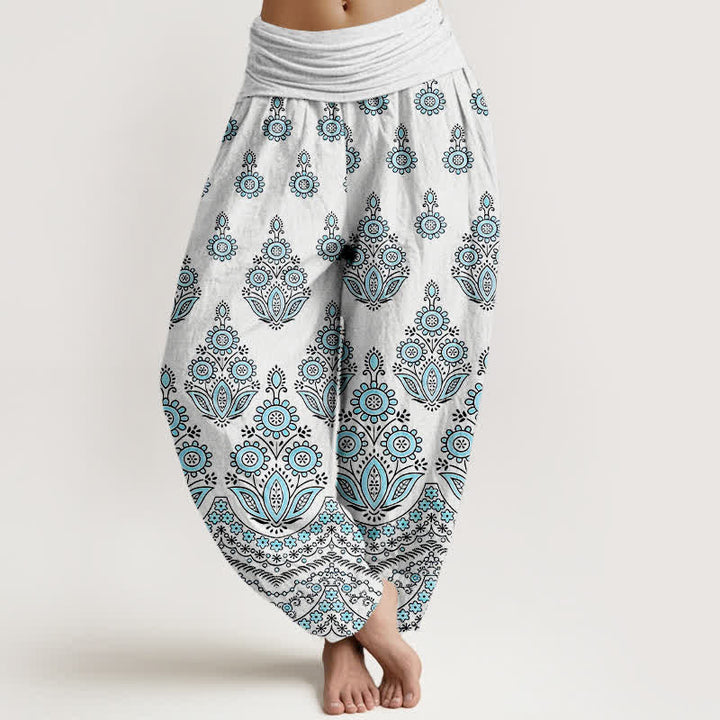 Buddha Stones Damen-Haremshose aus reiner Baumwolle mit Mandala-Blumenmuster und elastischem Bund - Cyan - US16, UK/AU20, EU48 (3XL) - image 0
