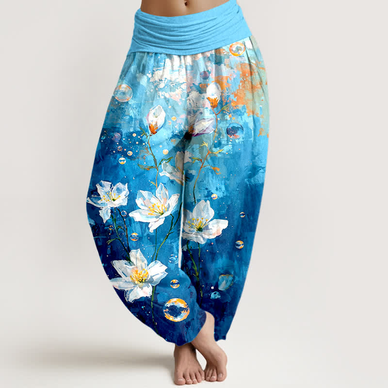 Buddha Stones Damen-Haremshose aus reiner Baumwolle mit weißem Aquarell-Lotusmuster und elastischem Bund - Türkis - US16, UK/AU20, EU48 (3XL) - image 3